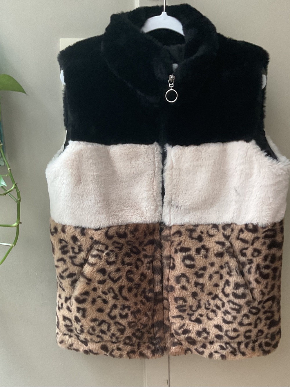 Urban Republic Girls Faux Fur Colorblock Vest - Black, Cream & Brown Leopard
